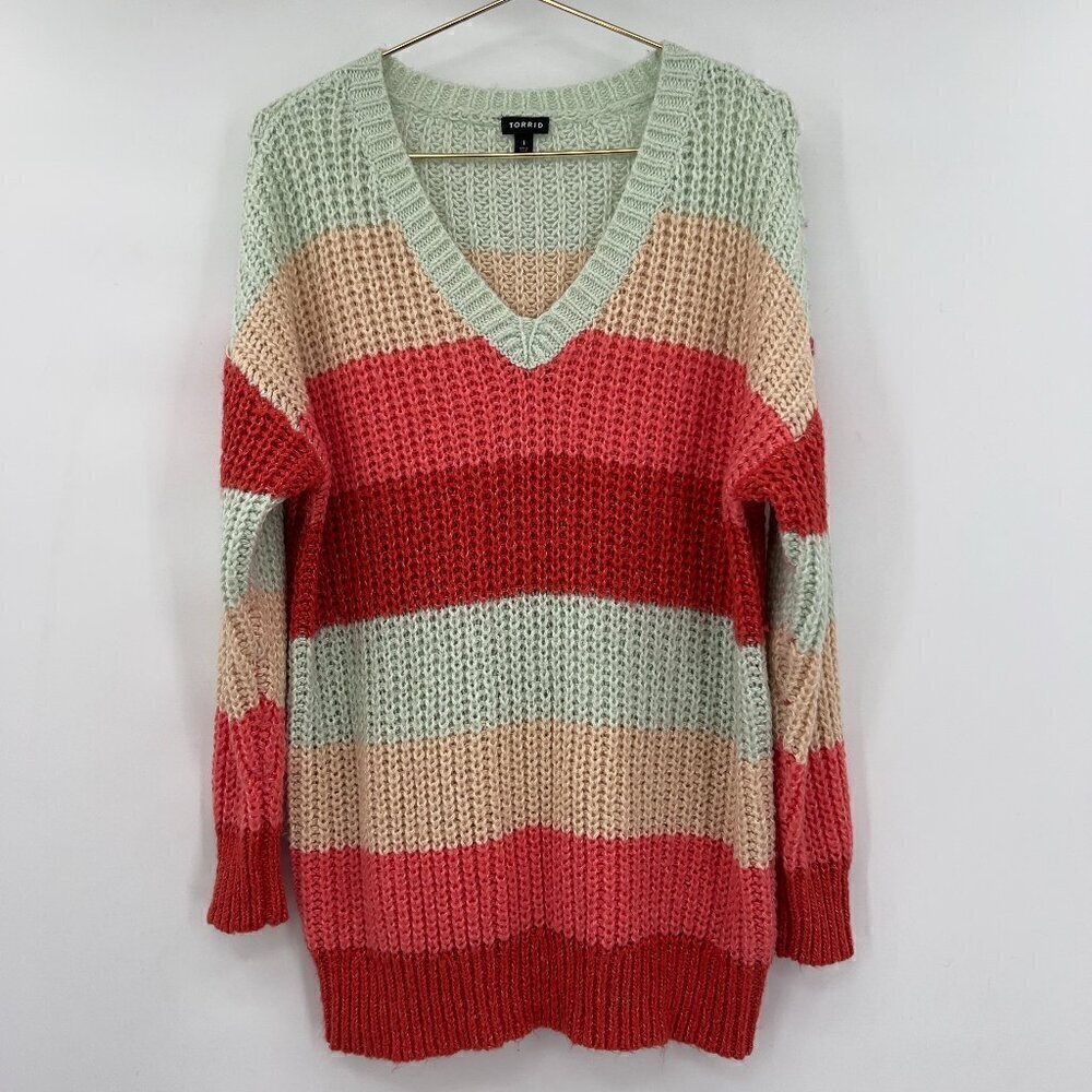 Torrid Plus Women's Multi Stripe Pullover V-Neck Long Sleeve Knit Sweater 1X
